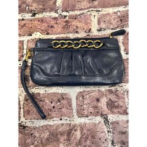 Wilsons Leather Navy Blue Wristlet Pouch Gold Chain Accent‎ Clutch